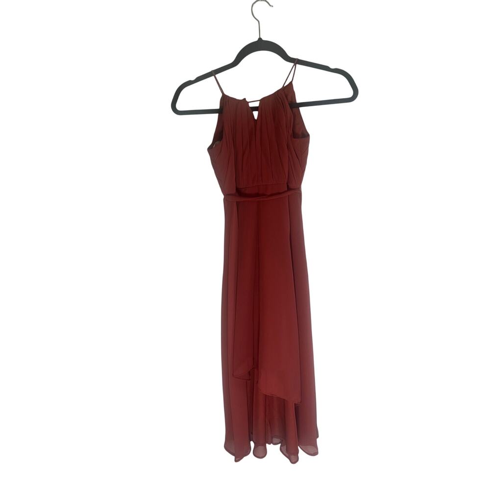 Azazie Women's Chiffon Bridesmaid Dress Size 16 Rust Red Asymmetrical Midi Gown